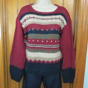 The Villager Burgandy & Tan Striped Sweater Women's Chunky Silk Blend Size Med